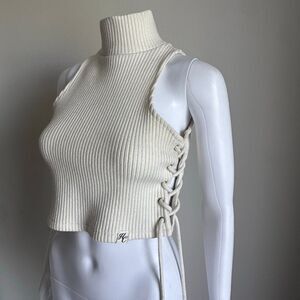 Hidden Cult Ribbed Turtleneck Sweater Tank With Lace-Up Sides Size S Crème